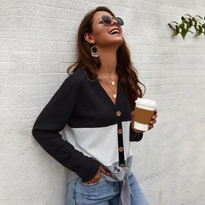 LAST ONE! Boutique Color Block Waffle Black Top